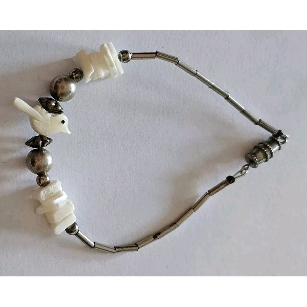 Shell Heishi and Bird Fetish Bracelet Silver Tone